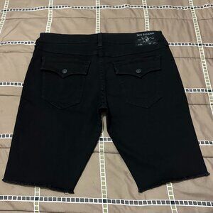 NEW True Religion Jean Shorts Black Denim Flap Raw Hem Body Rinse